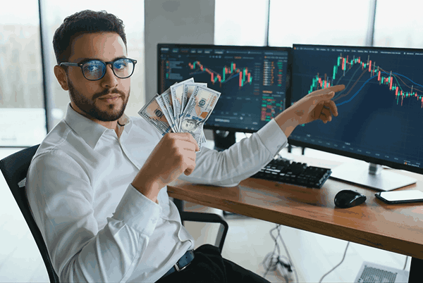 Immediate Growth investing trader holding cash charts